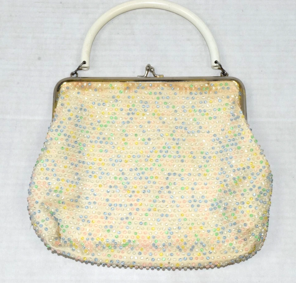 Vintage Beaded Handbag 50s Silky Ivory With Colorful Pastel Beads White Handle - Image 4 of 4
