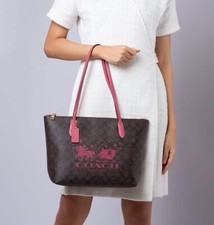 NWT - COACH Zip Top Tote In Signature Canvas With Horse And Sleigh - Brown/Rouge