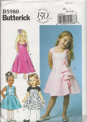 BUTTERICK 5980 GIRLS  PRINCESS SEAM DRESS PATTERN SIZE 6 7 8 FLOUNCE FABRIC FLWR