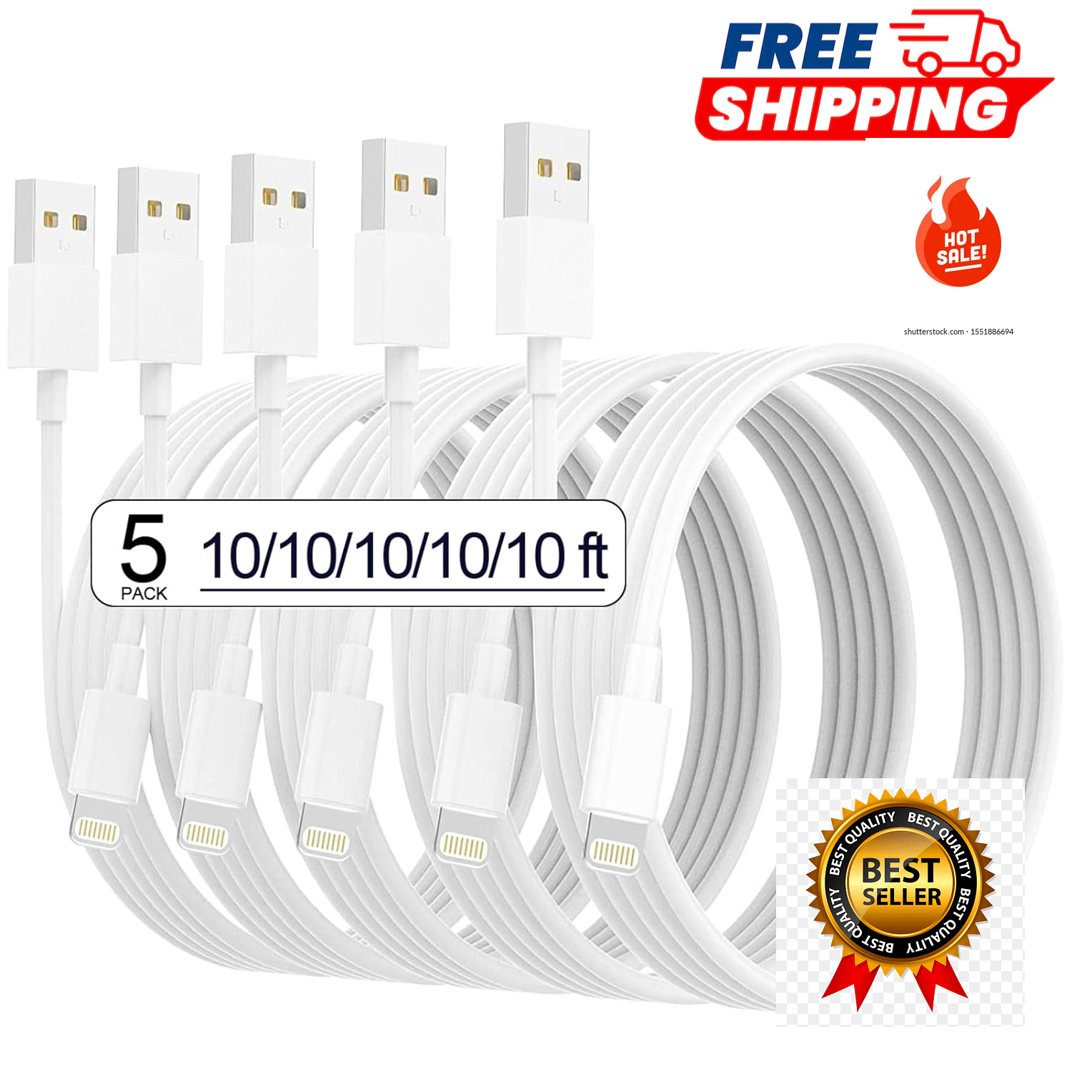 Apple Iphone Charger Lightning Cable 10FT Foot Long MFI Certified 5 Pack free sh-image