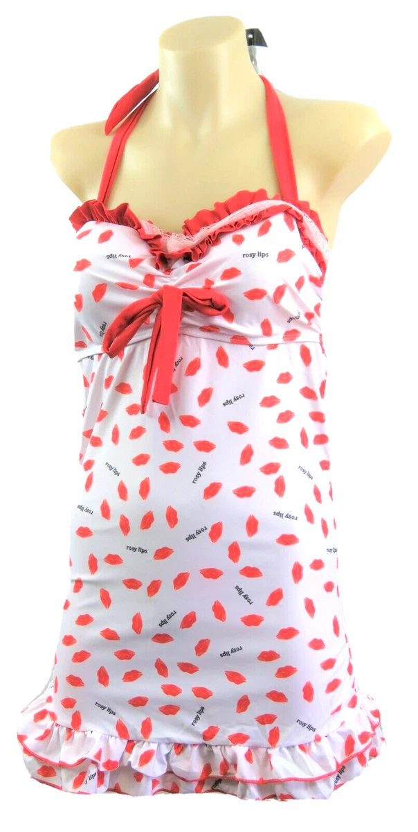 Ladies Halter Top Takini Red White Pinup Rockabilly Stretch Sleeveless Size M 12