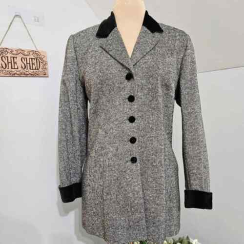 Renlyn New York Wool Black Marled Crushed Velvet Collar Longline Tweed Blazer 8 - Afbeelding 1 van 10