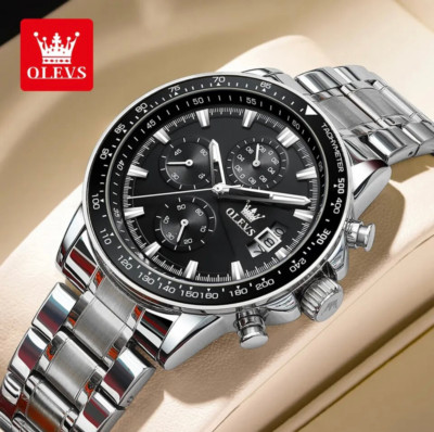 OLEVS Multi-function Men's Watch Chronograph Stainless Steel Silver & Black