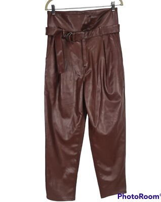 Open Edit Brown  Faux Leather Belted Pants Women's Size M Hight Rise Zip Up
