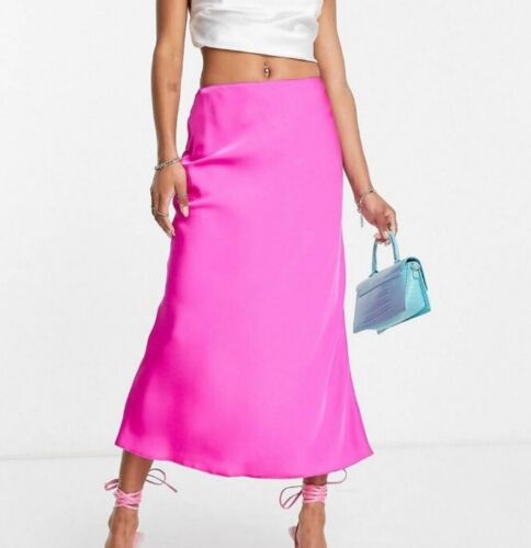 Asos Design Petite Hot Pink Satin Bias Maxi Skirt 2 Barbiecore Sold Out Style - Picture 1 of 6