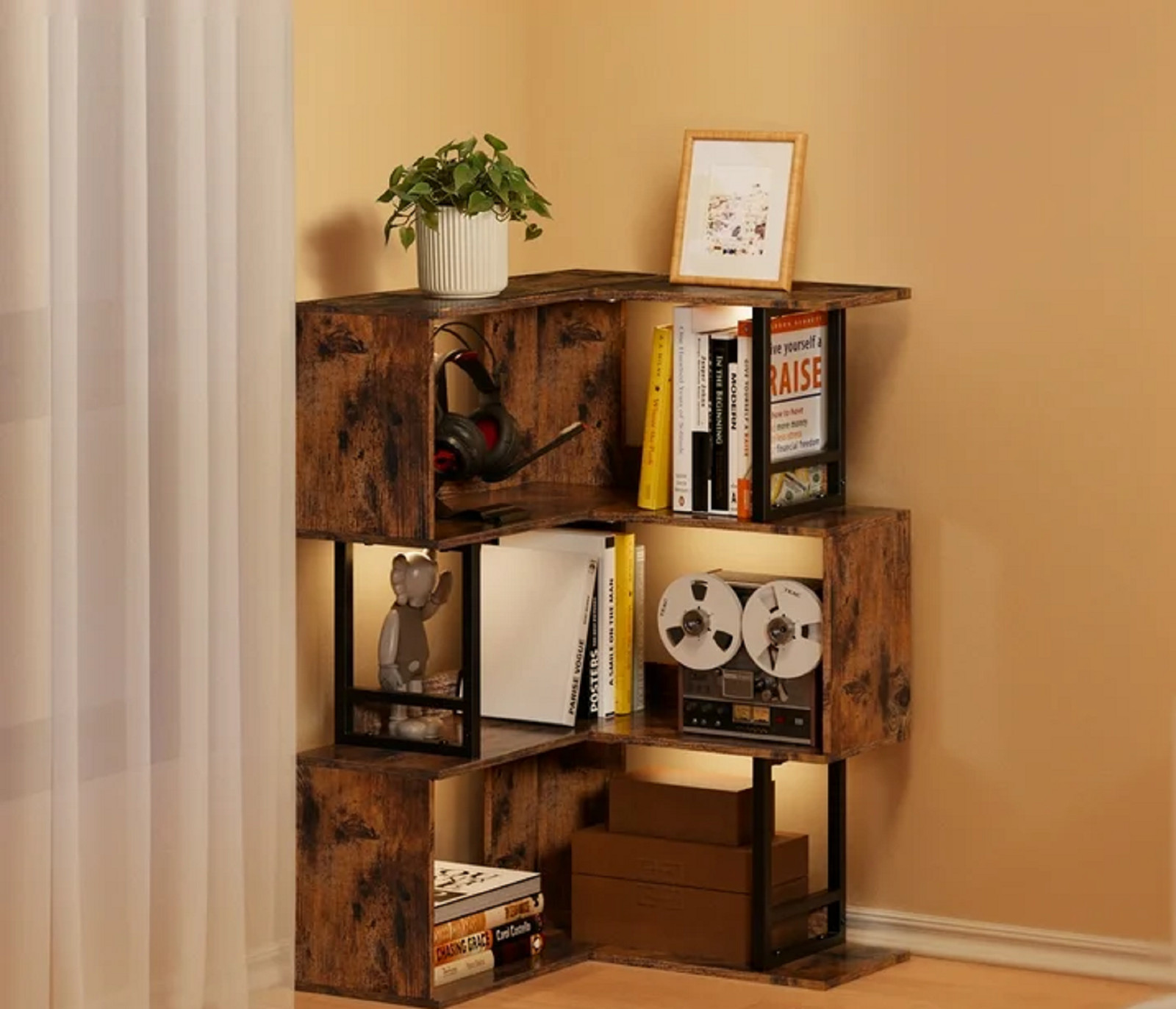 Easoger Corner Bookshelf, Wooden Corner Shelves Categorized Storage Convenient