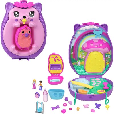 Polly Pocket Mama & Baby Igel Handtaschen-Spielset mit 2 Puppen & 16 Accessoires