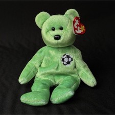 Ty Beanie Baby Kicks Green Bear with Soccer Ball 1998 Ages 3 3-4 4-7 8-11 Years