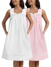 Nightgown 100 Cotton Pearl Snap Button Sleeveless with Pockets - Summer