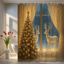 Christmas Shower Curtain with White Reindeer and Tree