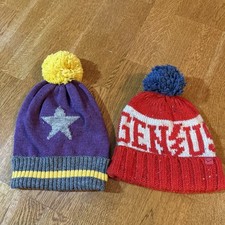 NEW GAP Red  GENIUS"  Purple Star Winter Knit Pom Beanie Hat Bundle Set Sz S/M