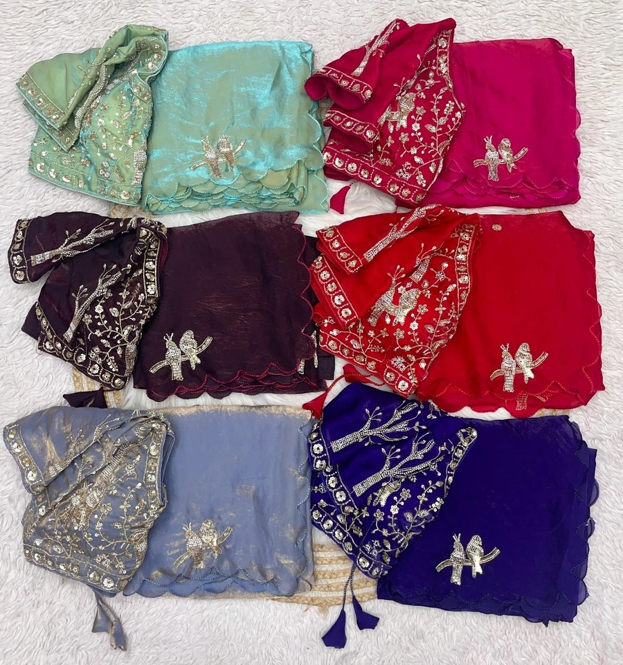 Sari de seda satinado puro con bordado a mano y borde cortado + blusa cosida Foto 2 de 2