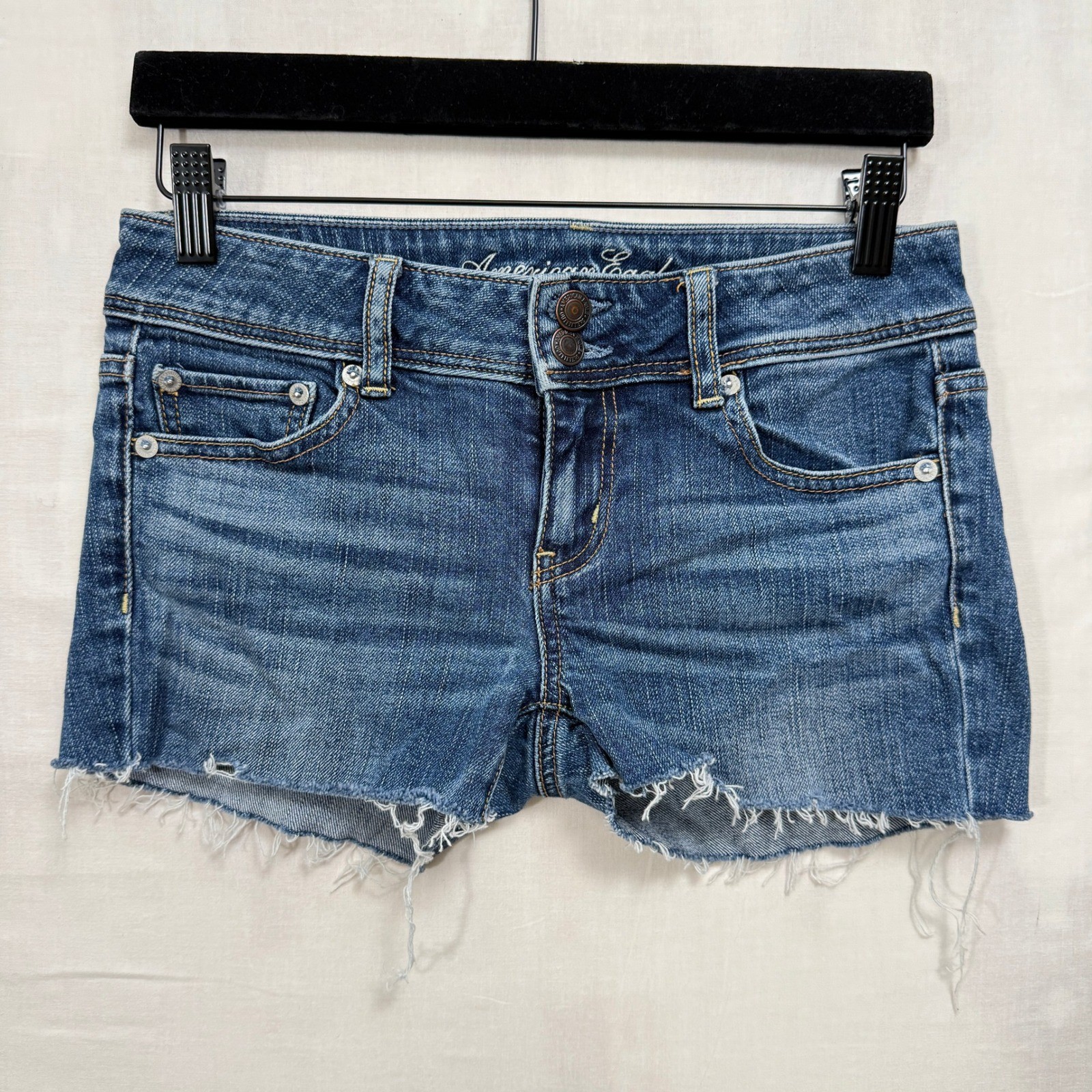 American Eagle Denim Shorts Womens 0 Blue Skinny Cut-Off Frayed Low Rise Stretch