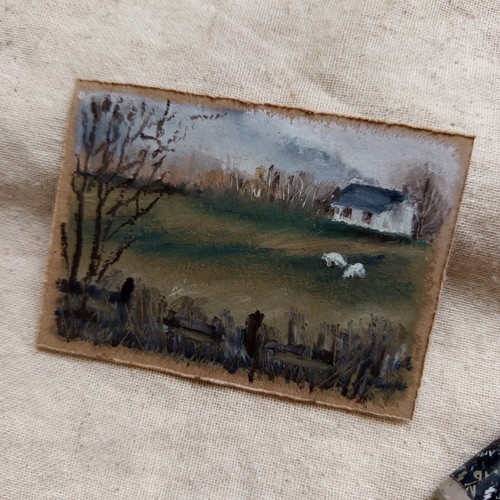 Original ACEO Sheep Farm Countryside Landscape Painting Miniature Moody Art