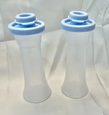 Tupperware Salt & Pepper Shakers Hourglass Set 4" Clear Base, Blue Seal, NEW