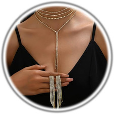 Prom Bridal Rhinestone Jewelry Set Sparkly Crystal Y-Shaped Necklace Long Chande