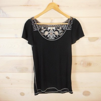 Y2K Energie Top Juniors Size XL Black w/ Floral Lace Back 2000s Tee Short Sleeve