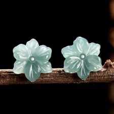 Pair Silver Plated Stud Grade A Jade Jadeite 13mm Flower Earrings US