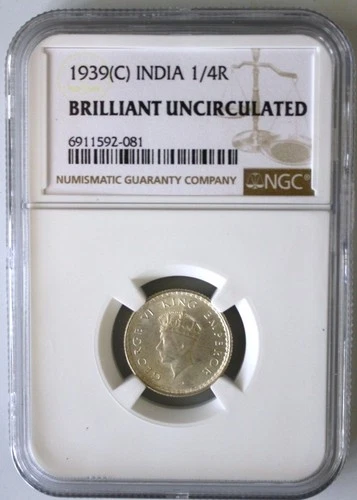 A0 - British India 1/4 Rupee 1939(C) NGC (BU) Brilliant Uncirculated Silver Coin