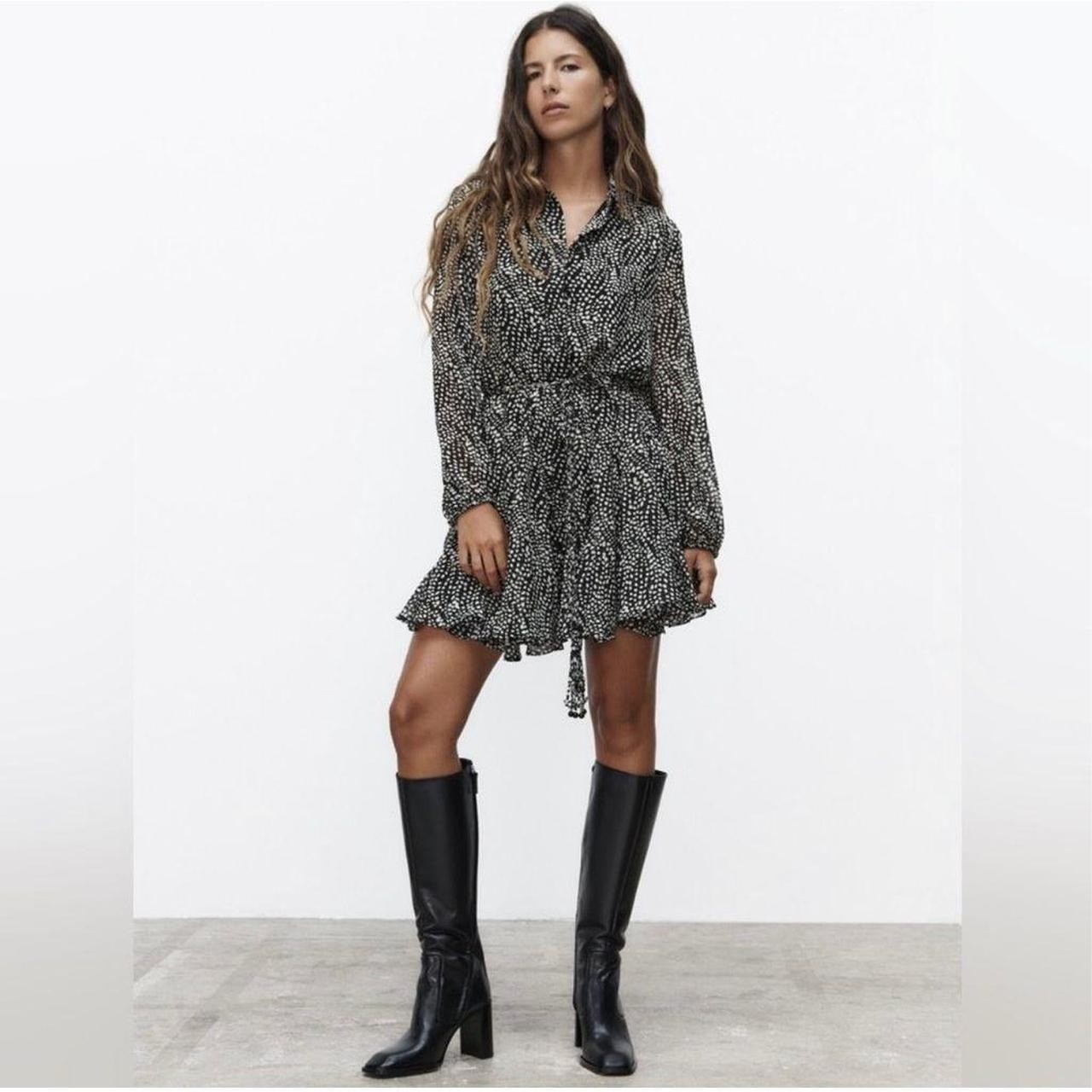 Zara Size S Black And White Polka Dot Flounce Mini Shirt Dress Long Sleeve