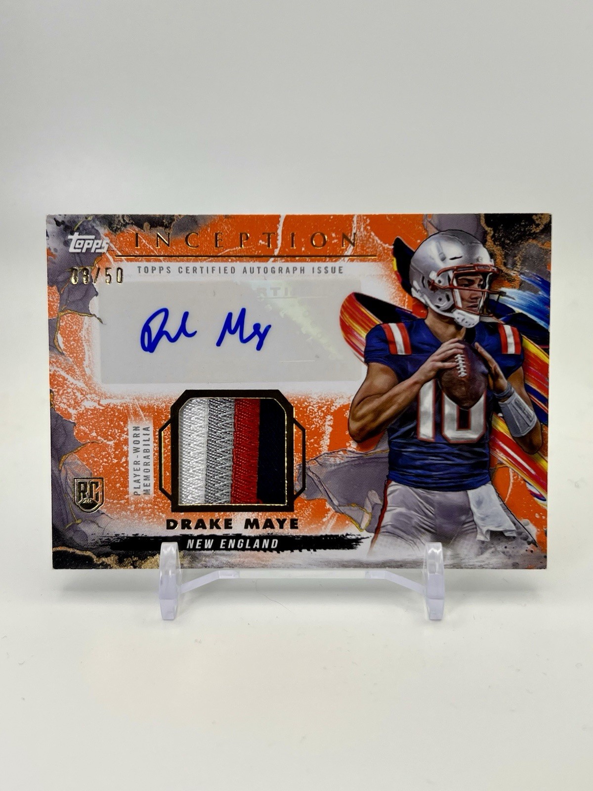 Drake Maye Orange RPA /50 2024 Topps Inception Patriots Patch Auto Provenance