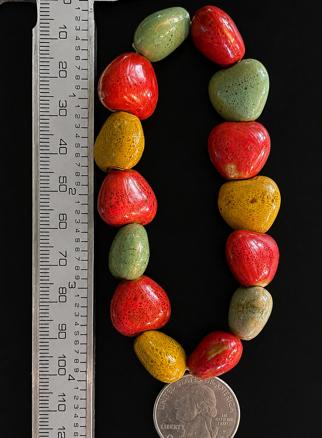 Chunky Ceramic Pottery Bead Stretch Bracelet Red Green Yellow Speckled Handmade