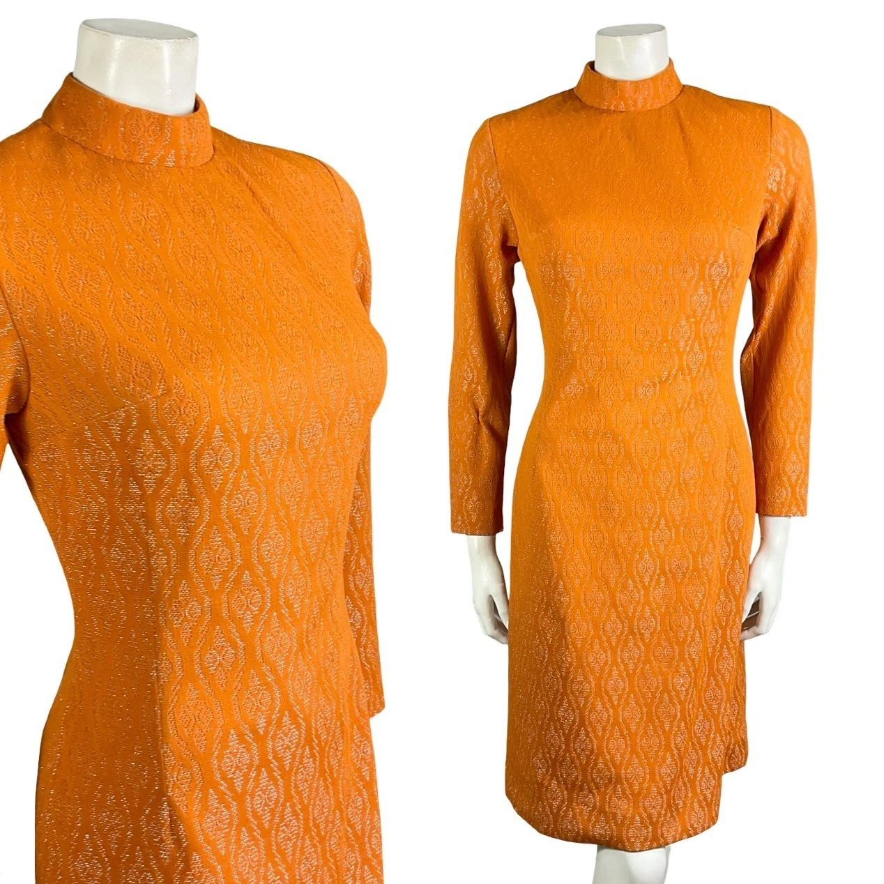 VTG 60S 70S PES ORANGE GLITTERY GEOMETRIC FUNNEL LUREX PARTY PENCIL DRESS 10
