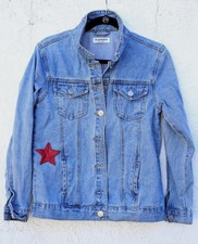 Glamorous Blue Denim Jacket Oversized Boyfriend Extra Small Fits M Patches Rip