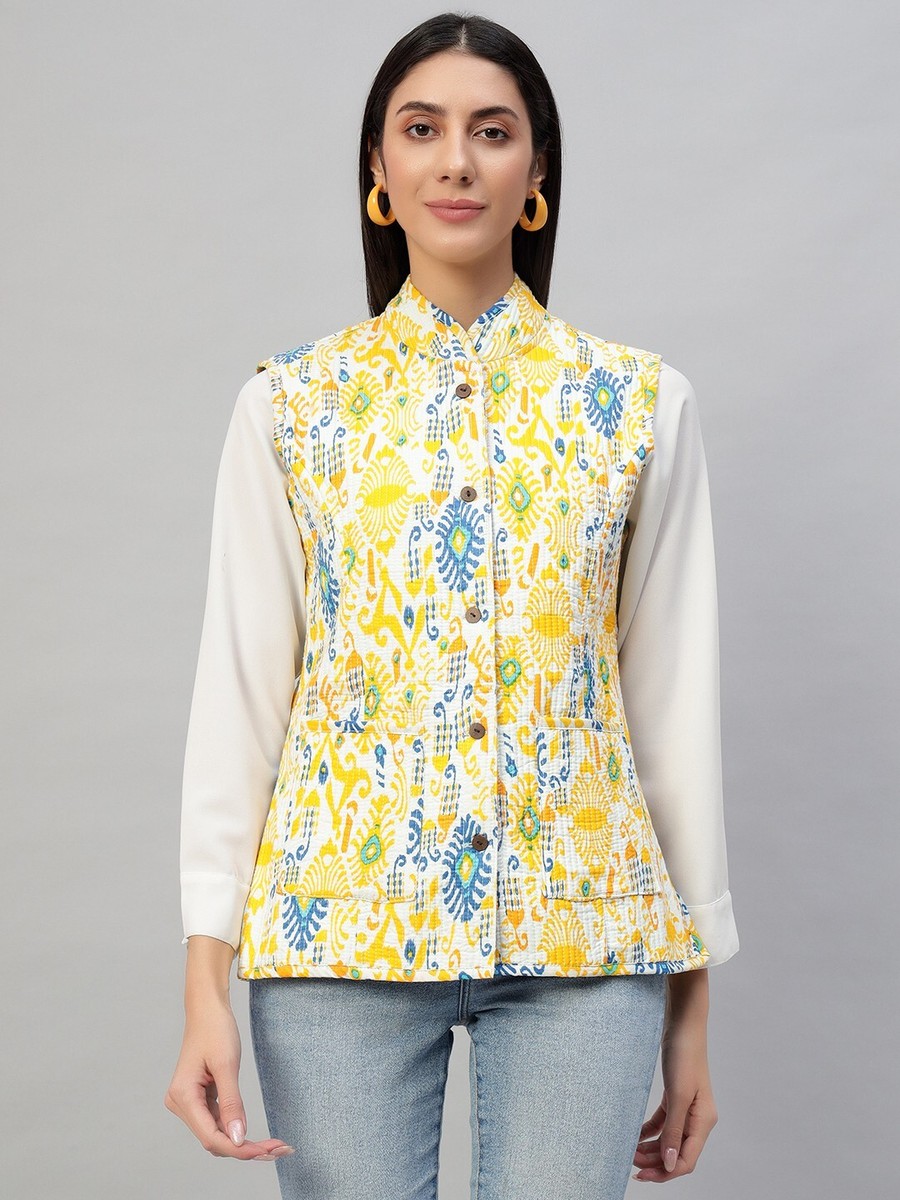 Women Winter Vest Reversible Quilted Cotton Jacket Yellow Floral