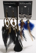 2 Pair Dangling Feathers Brown/Blue Long Drop Hook Fashion Earrings Butterflies