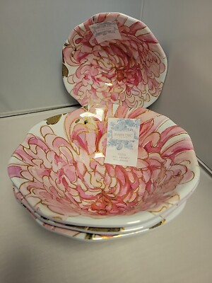 x4 Shabby Chic Pink Peony MELAMINE Salad/Soup Bowl Set Floral Gold