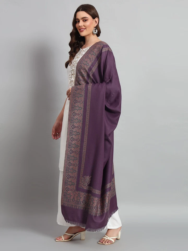 Bufanda O Chal De Lana Paisley Morado Y Plateado Jamawar Pashmina - Imagen 2 de 4