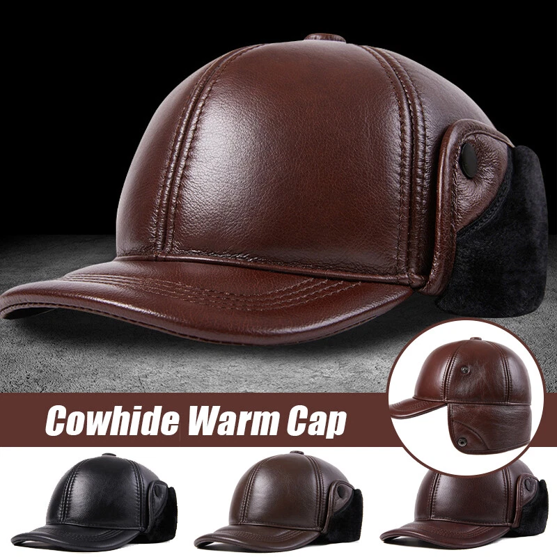 Men's Genuine Leather Earflap Hat Plush Winter Warm Cowhide Outdoor Hunting Cap