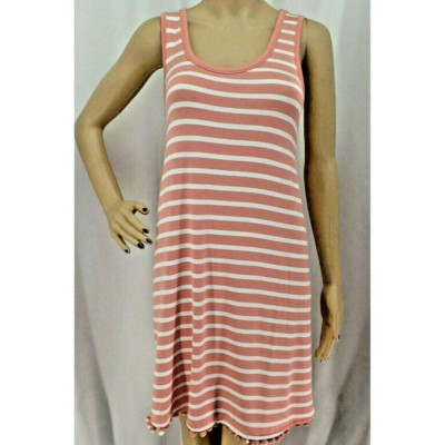 ''LOFT'' PINK & WHITE STRIPED WITH POM POM TRIM BOHO SWING DRESS SIZE: XS NWT
