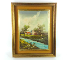 QUADRO DIPINTO PAESAGGIO FIRMATO PONTI VINTAGE 44 X 54 CM CASETTE DI CAMPAGNA