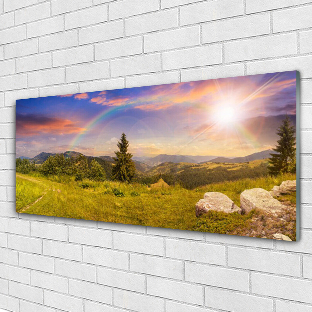 Tableau sur verre haut de gamme paysage de montagne et prairie verte en 125x50cm