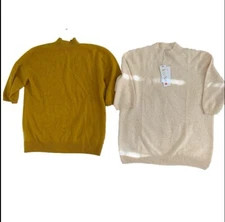 Liny Xin Womens Large Superfine Merino Wool 3/4 Sleeve Sweater Ivory Gold Lot 2