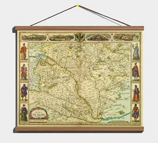 Old 1626 Antique Decorative Carte-à-Figures Map of Hungary; Canvas Wooden Hanger
