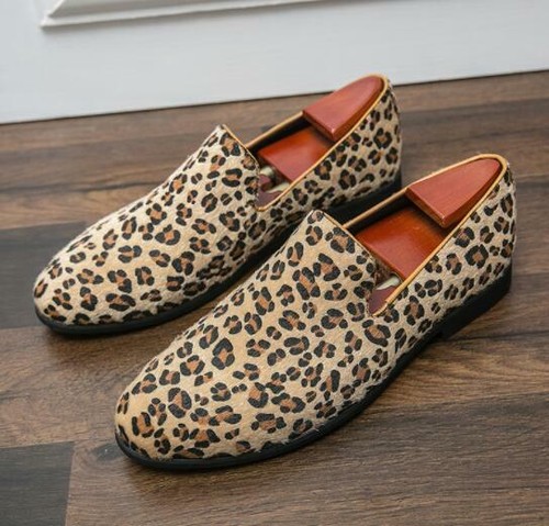 Mens Leopard Suede Slip on Loafers 