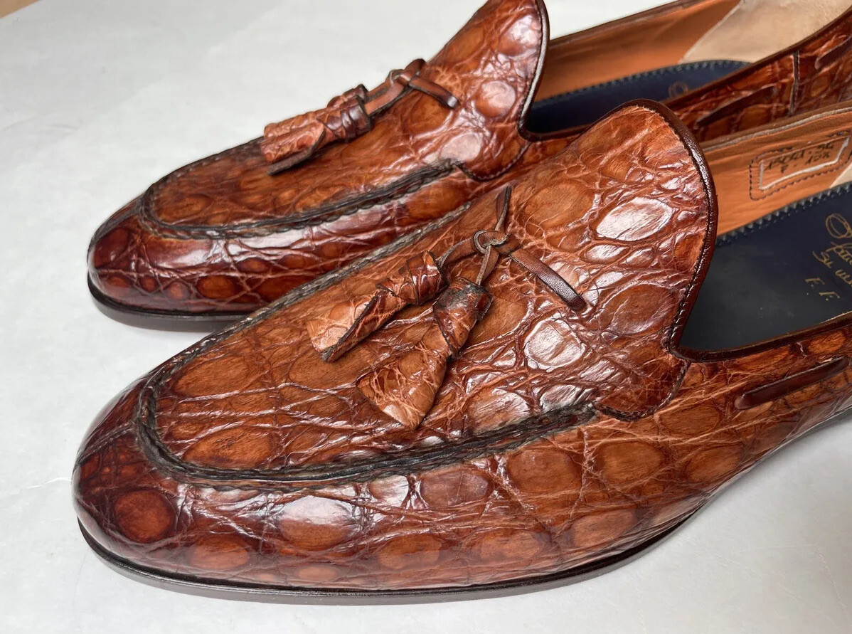 SANTONI Genuine Crocodile Fatte a Mano Tassled Loafer Sz