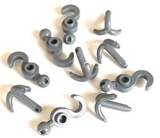 10 x LEGO Hooks - 5 Grappling / 5 Crane Tow Hook - Grey - Parts 30192 / 30395