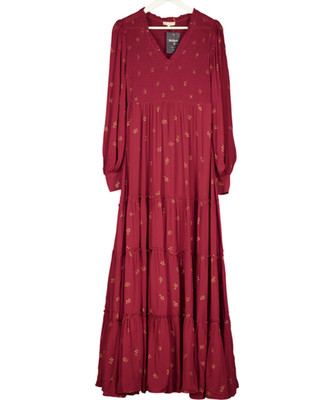 BYTIMO Maxikleid Burgunderrot/gold gerafft Mieder Stufen Blumen UK M