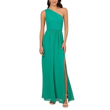 Adrianna Papell Green Evening Gown Chiffon One Shoulder Long A-Line Dress Size 6