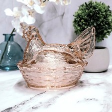 Pink Depression Style Glass Hen on Nest Chicken Candy Dish, Vintage Style Decor