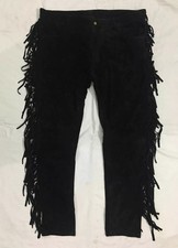 Men Native American Western Cowboy Leather Pants Suede Leather Fringe - Black