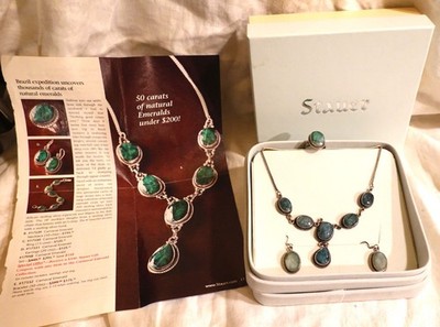Vintage Stauer Carnaval Sterling Emerald Green Necklace Earrings & Ring Set MIB