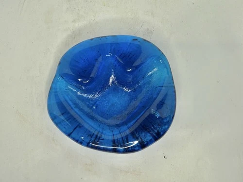 Vintage MCM Blenko Glass 693 Paw Print Ashtray In Turquoise 6” Stunning