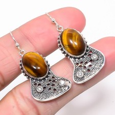 Thai Tiger'S Eye, White Topaz Oxidize 925 Sterling Silver Earring 1.58" (59)