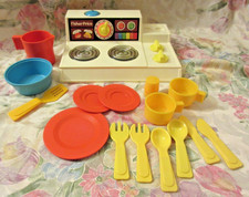 Vtg 1978 Fisher Price Kitchen Set Stove Top Glow Magic Burners Dishes Utensils