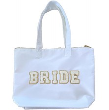 White Canvas Tote Handbag, Zip-Top w/ Handles, "BRIDE" Text, Tote Style